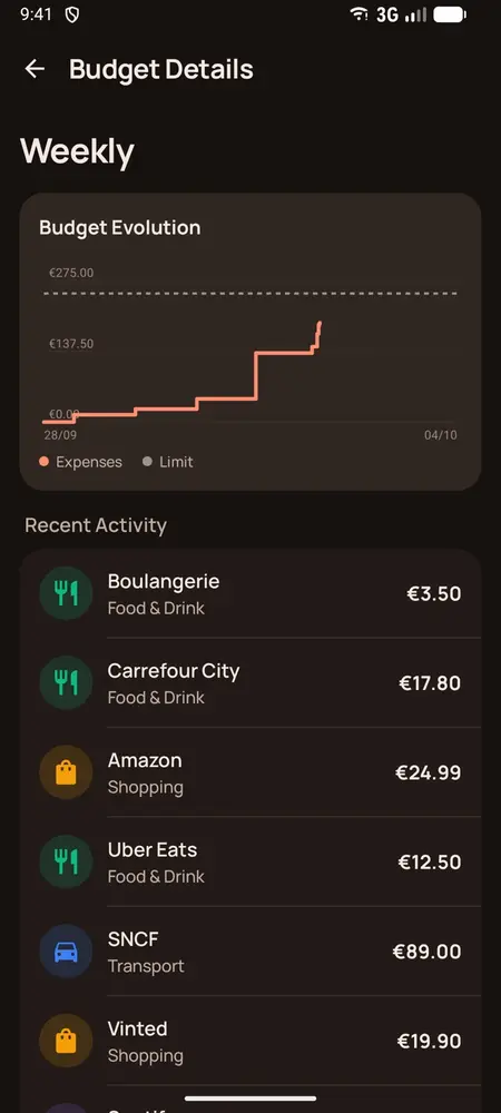 Budget detail (dark theme)
